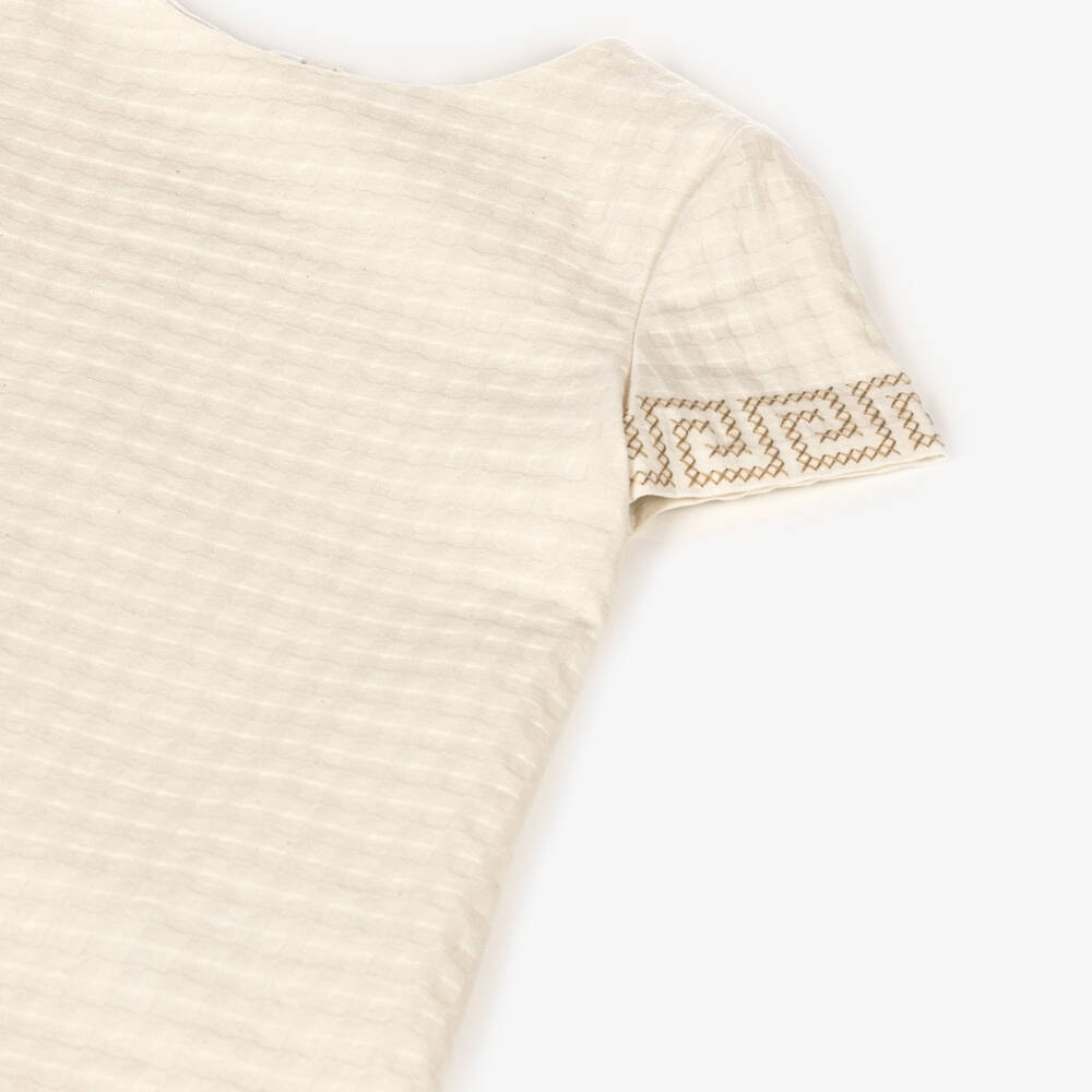 Versace-Girls Cream Textured Cotton Dress with Greca Embroidery | Childrensalon