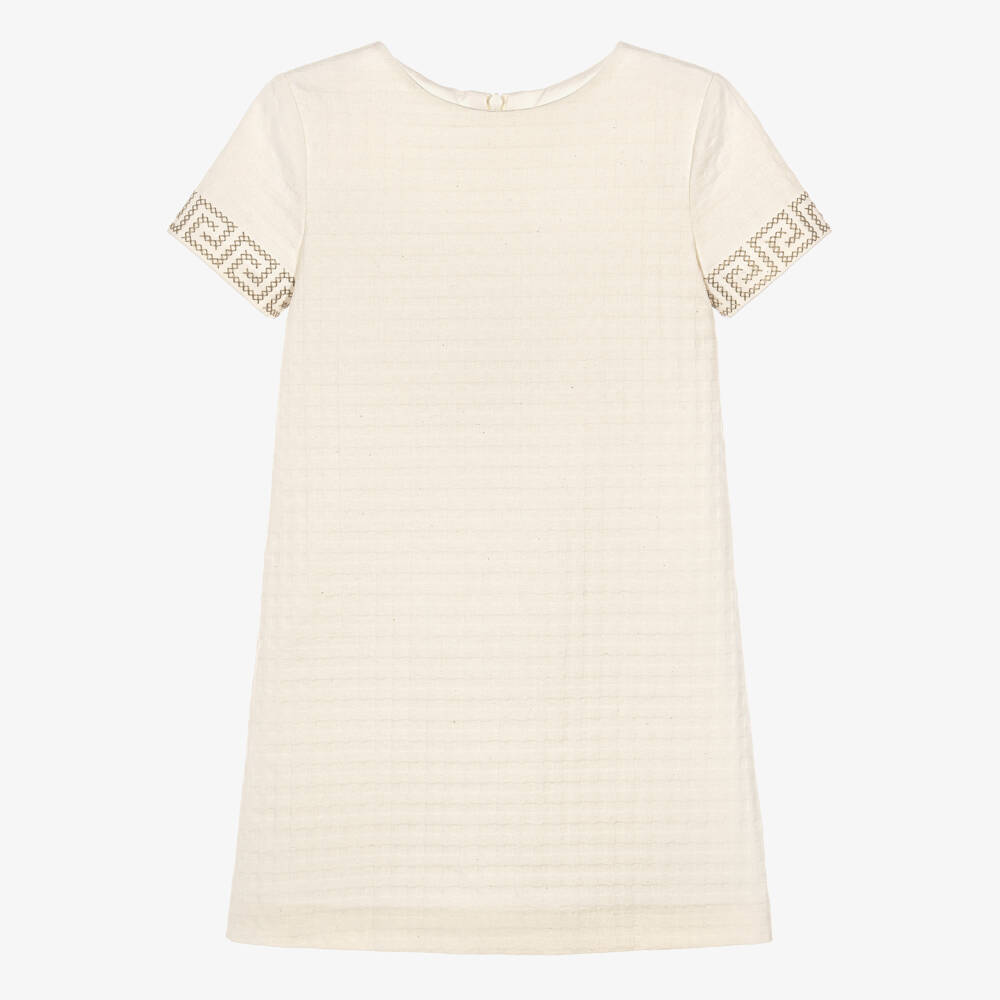 Versace-Girls Cream Textured Cotton Dress with Greca Embroidery | Childrensalon