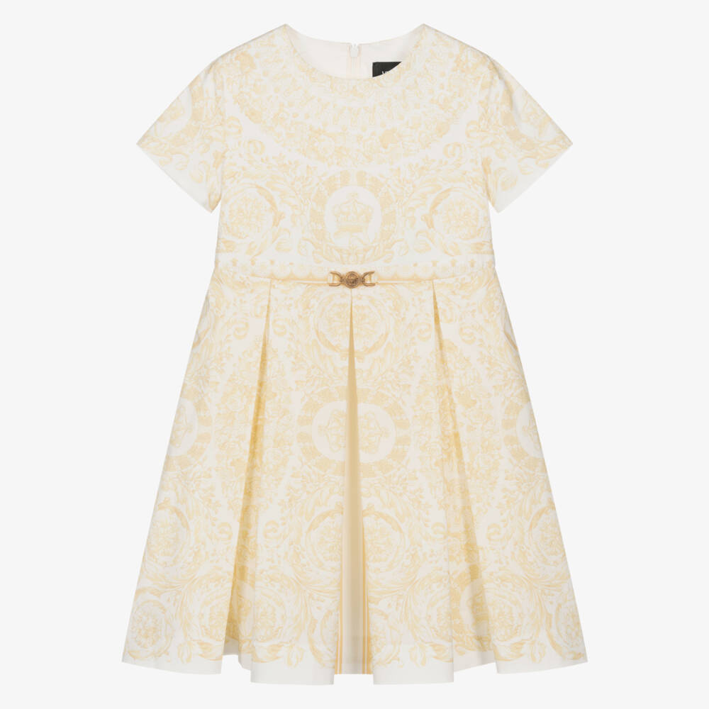 Versace-Girls Gold Cotton Barocco Dress with Medusa 95 Hardware | Childrensalon