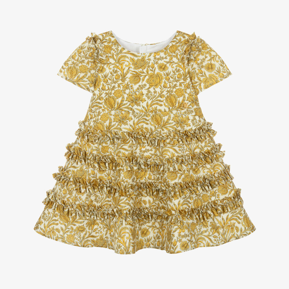 Versace-Girls Gold Floral Print Dress with Frills  | Childrensalon