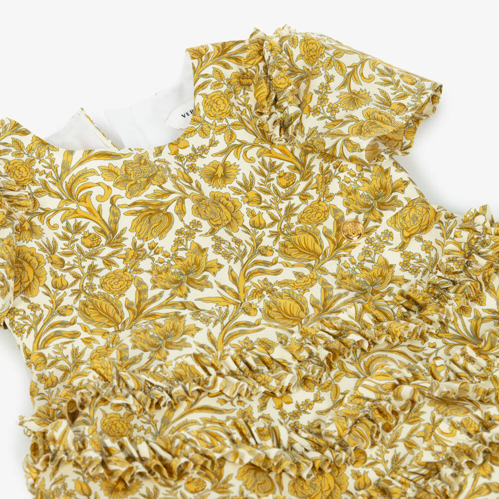 Versace-Girls Gold Floral Print Dress with Frills | Childrensalon