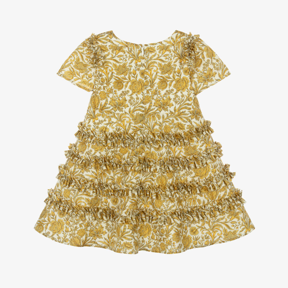 Versace-Girls Gold Floral Print Dress with Frills | Childrensalon