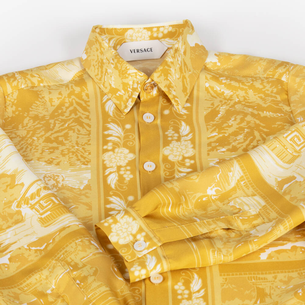 Versace-Girls Gold Printed Silk Twill Blouse | Childrensalon