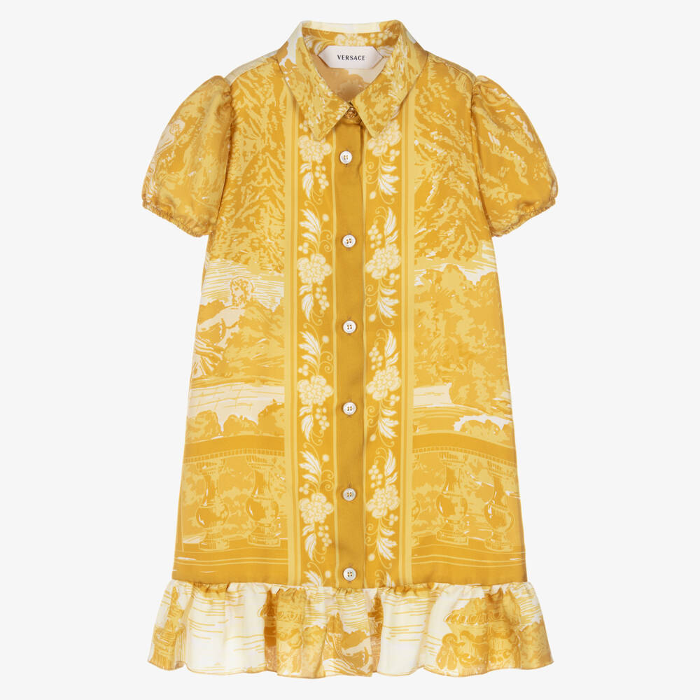 Versace-Girls Gold Printed Silk Twill Dress | Childrensalon