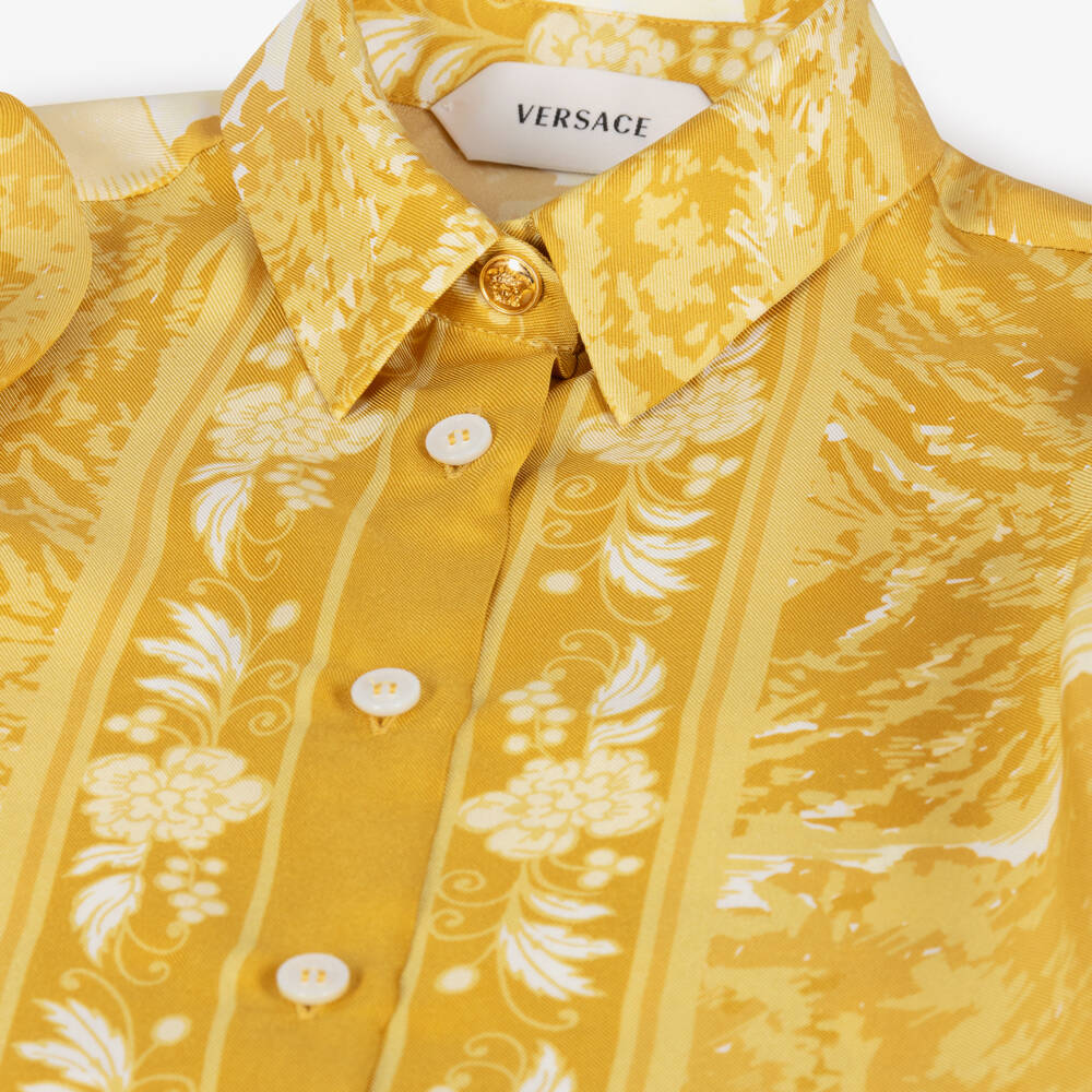 Versace-Girls Gold Printed Silk Twill Dress | Childrensalon
