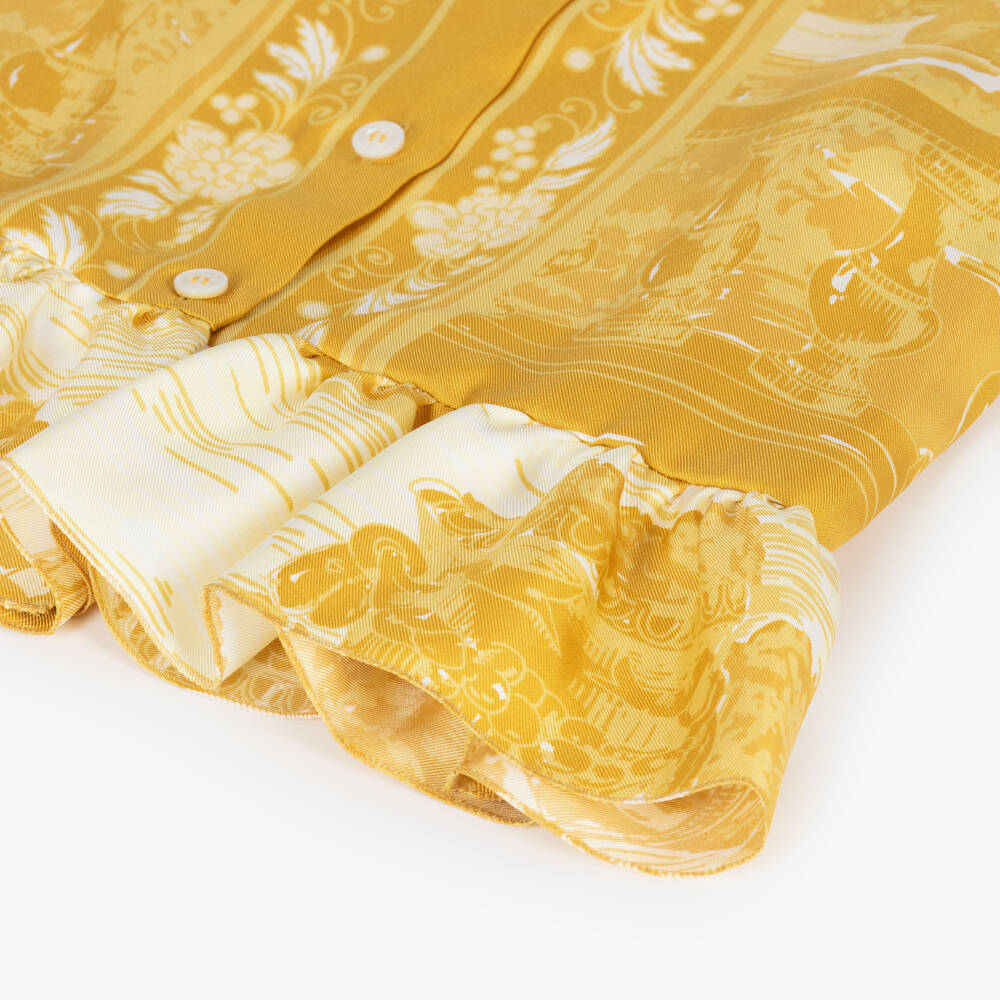 Versace-Girls Gold Printed Silk Twill Dress | Childrensalon