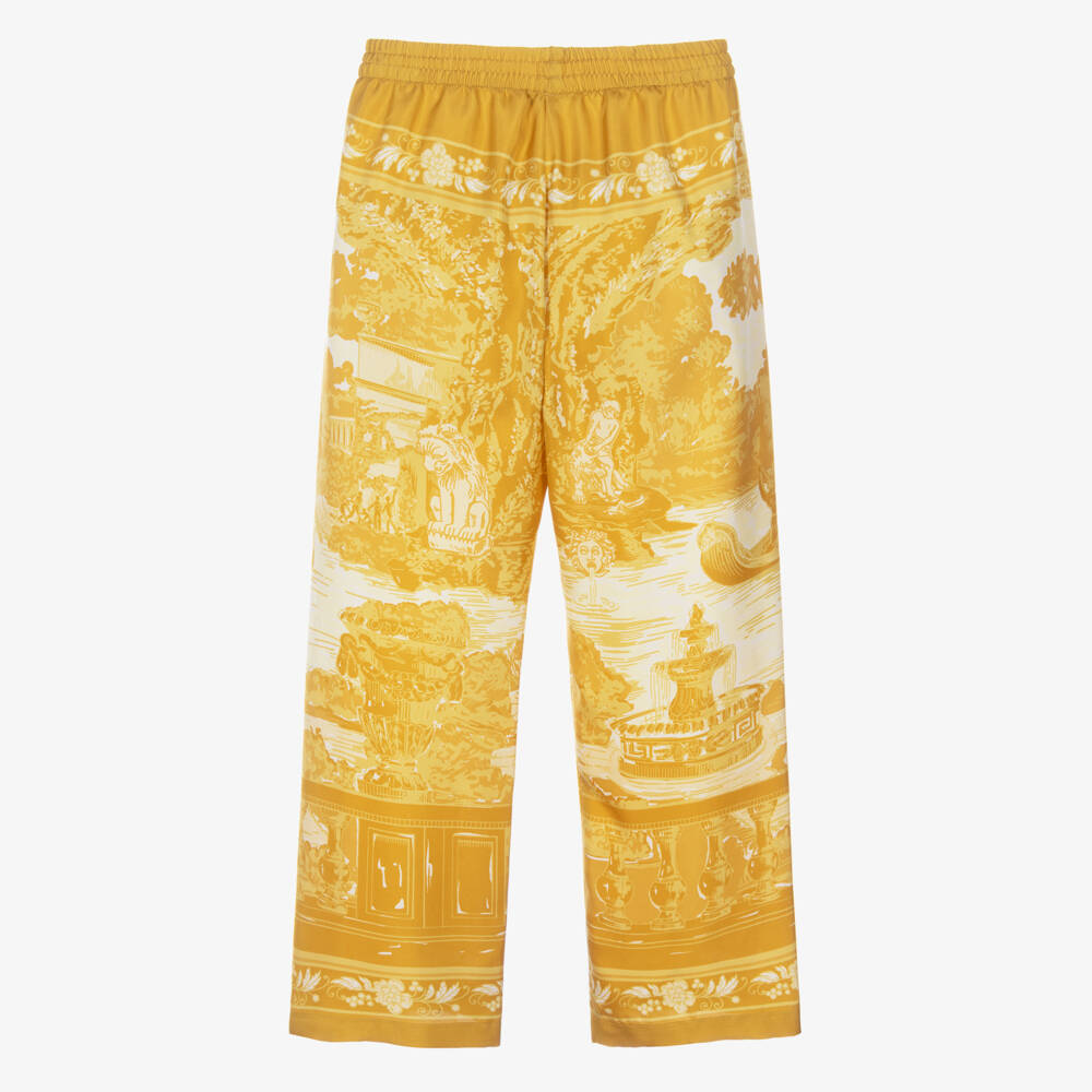 Versace-Girls Gold Printed Silk Twill Trousers | Childrensalon