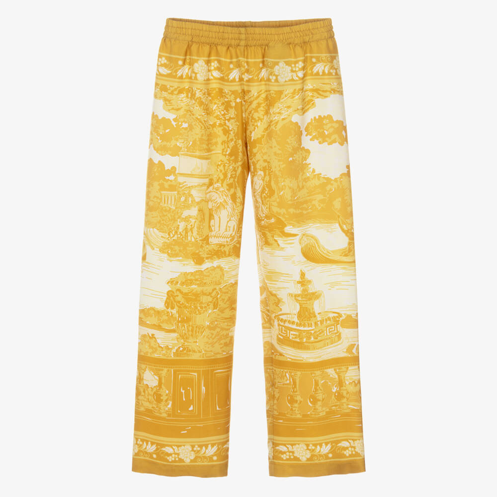 Versace-Girls Gold Printed Silk Twill Trousers | Childrensalon