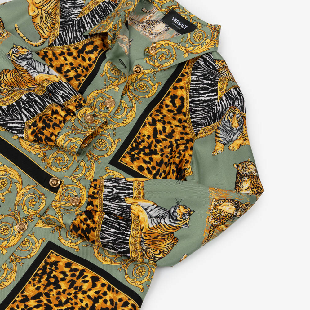 Versace-Girls Green & Gold Wild Cats Pure Silk Dress | Childrensalon
