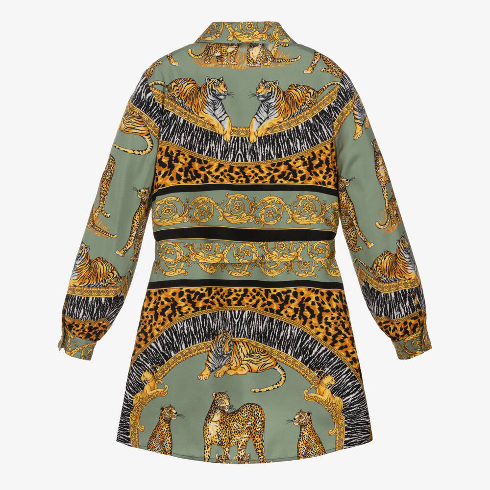 Versace-Girls Green & Gold Wild Cats Pure Silk Dress | Childrensalon