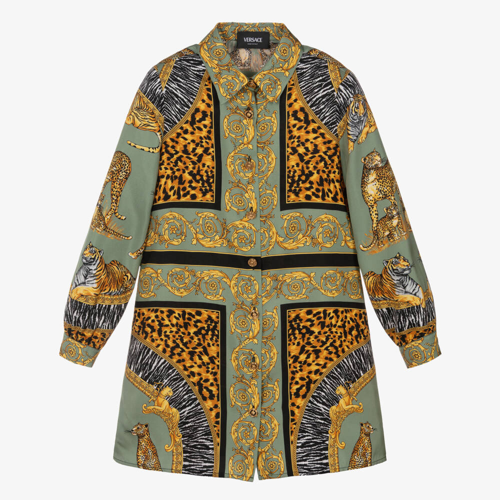 Versace-Girls Green & Gold Wild Cats Pure Silk Dress | Childrensalon