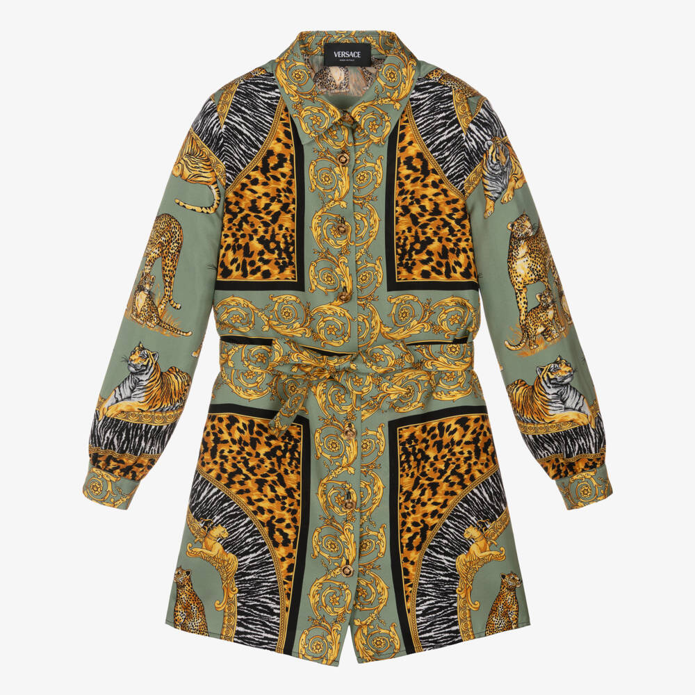 Versace-Girls Green & Gold Wild Cats Pure Silk Dress | Childrensalon