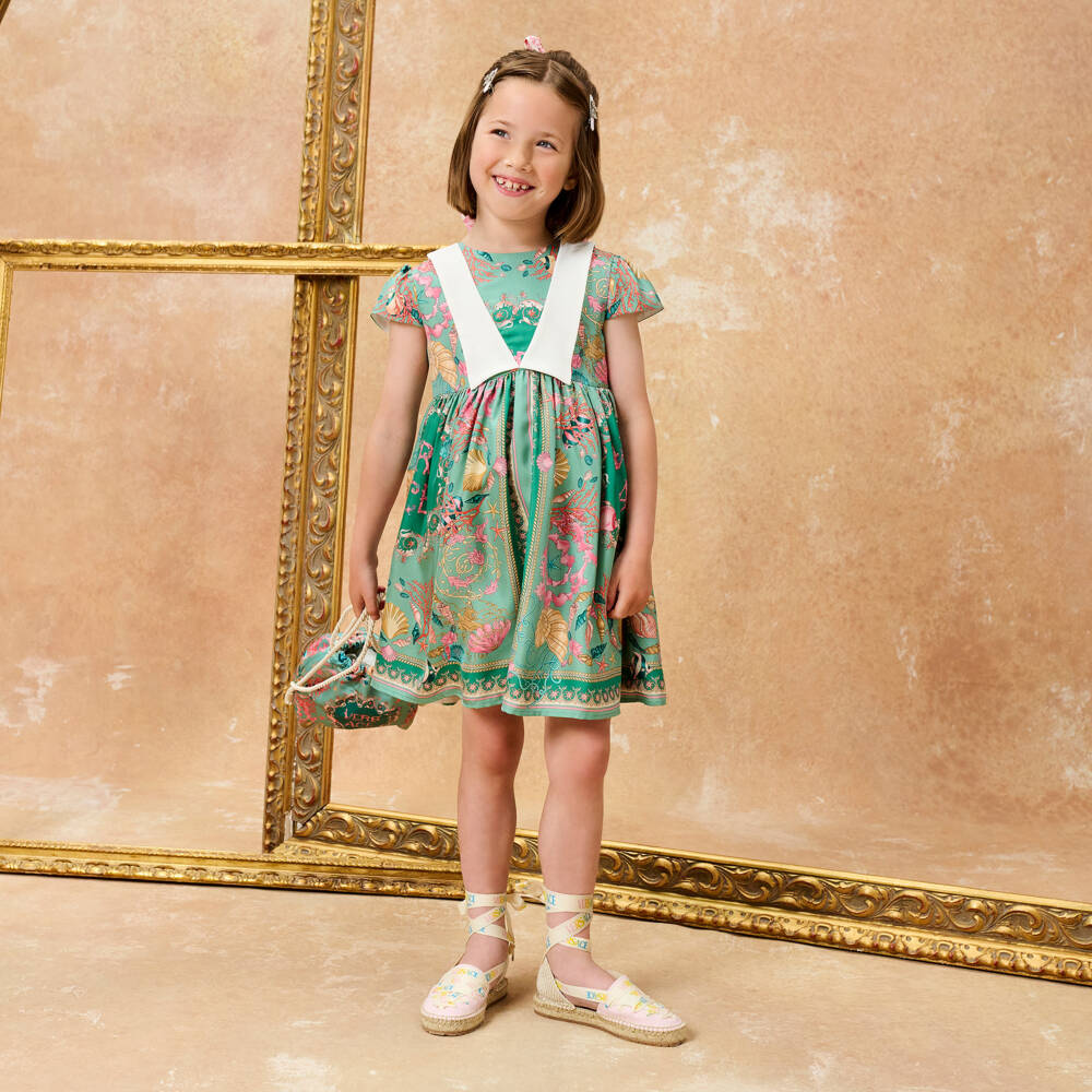 Versace-فستان بطبعة باروكو لون أخضر للبنات | Childrensalon