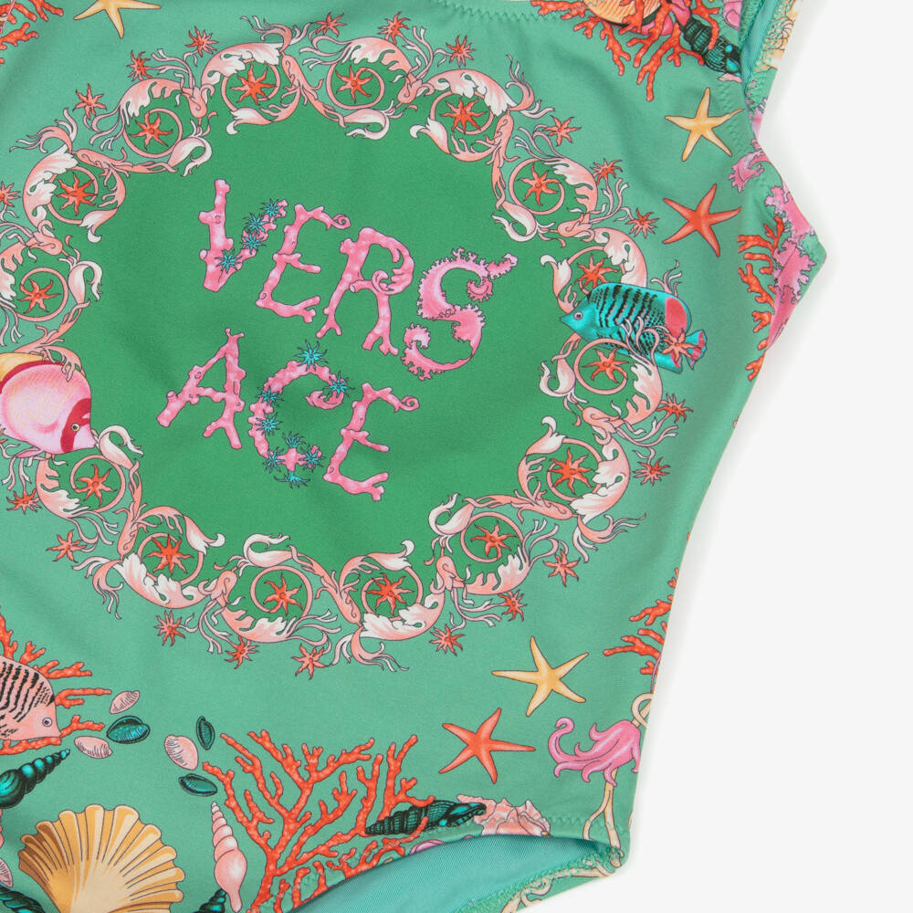Versace-Купальник зелёный с принтом Underwater Barocco для девочек | Childrensalon