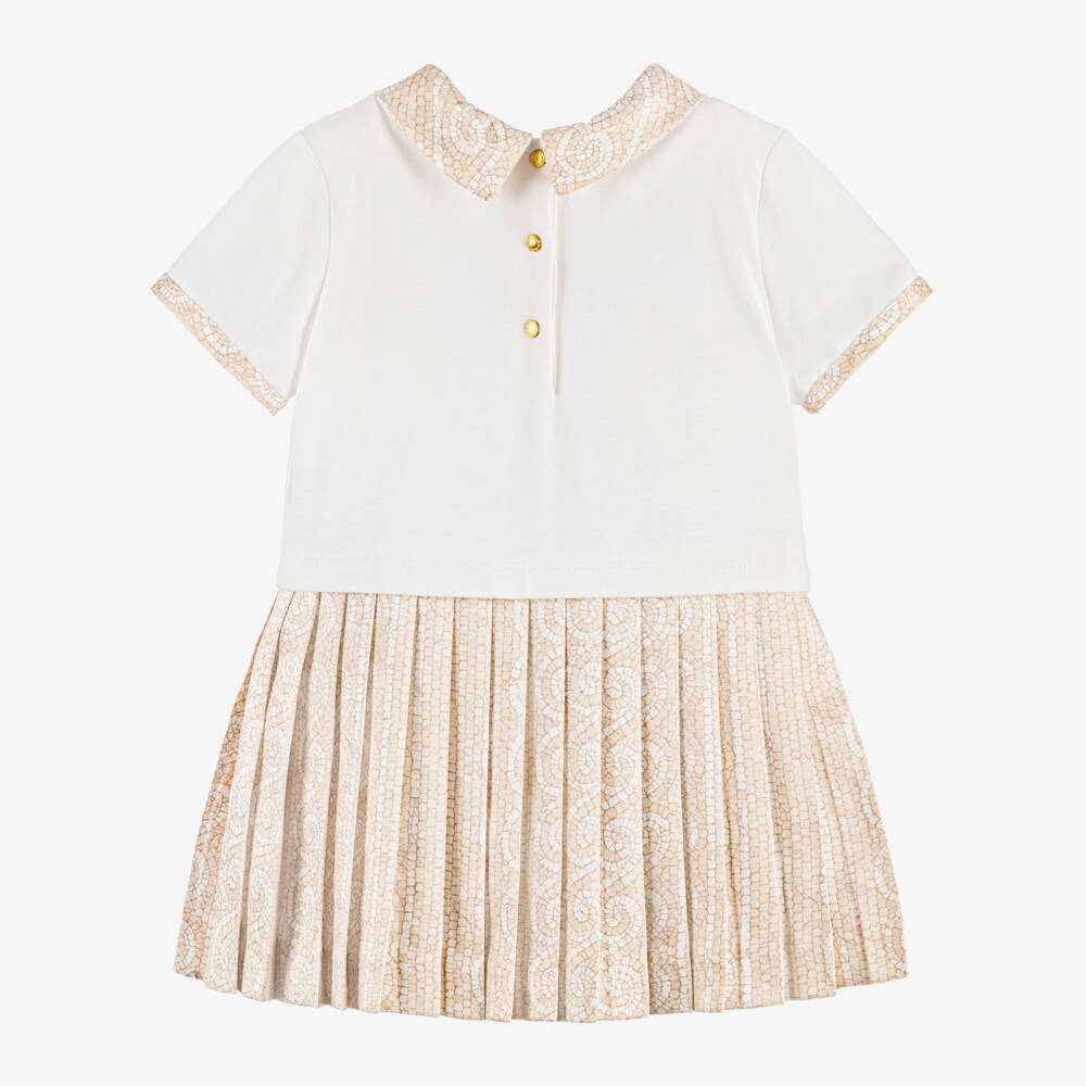 Versace-Girls Ivory & Beige Greca Mosaic Pleated Dress | Childrensalon