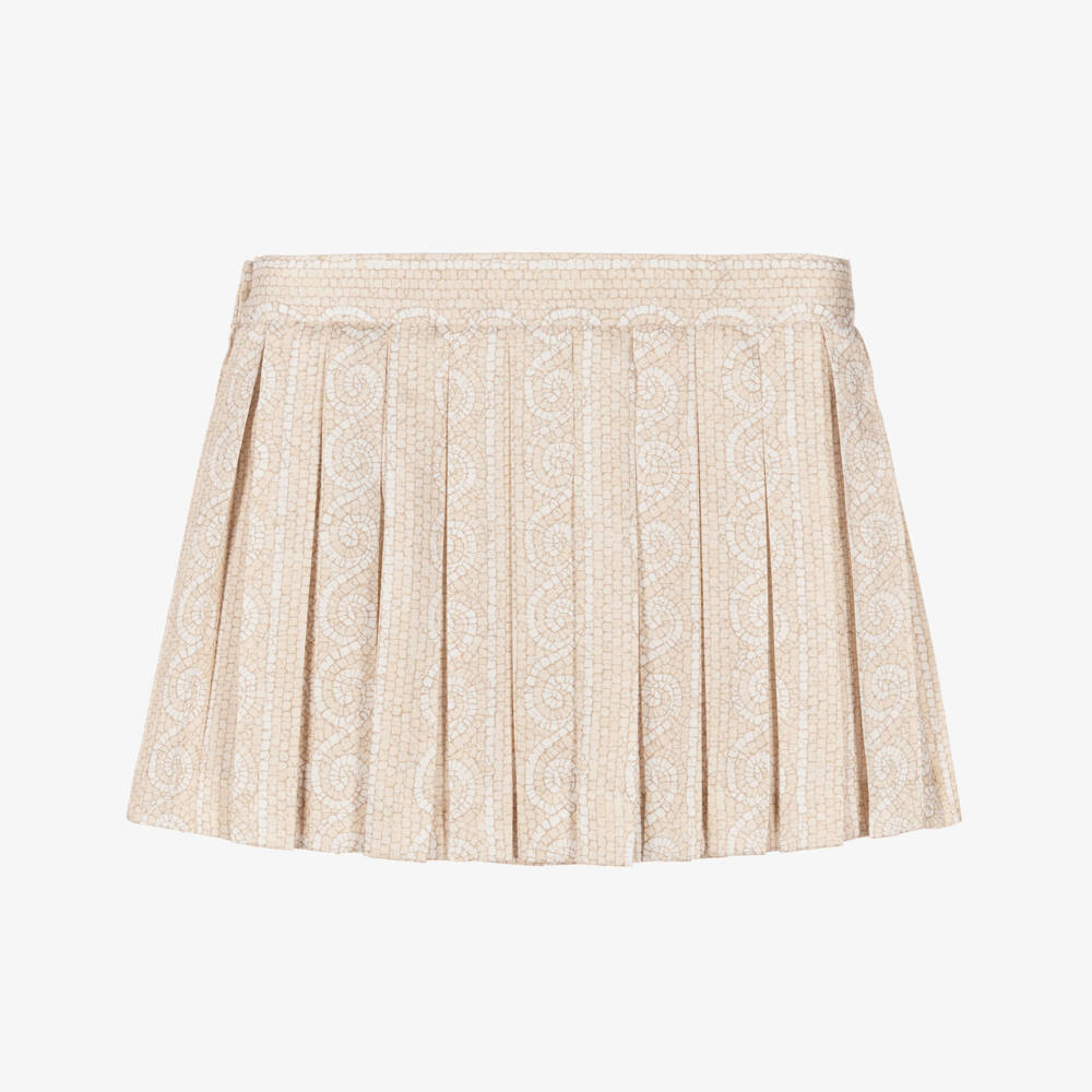 Versace-Girls Ivory & Beige Greca Mosaic Pleated Skirt | Childrensalon
