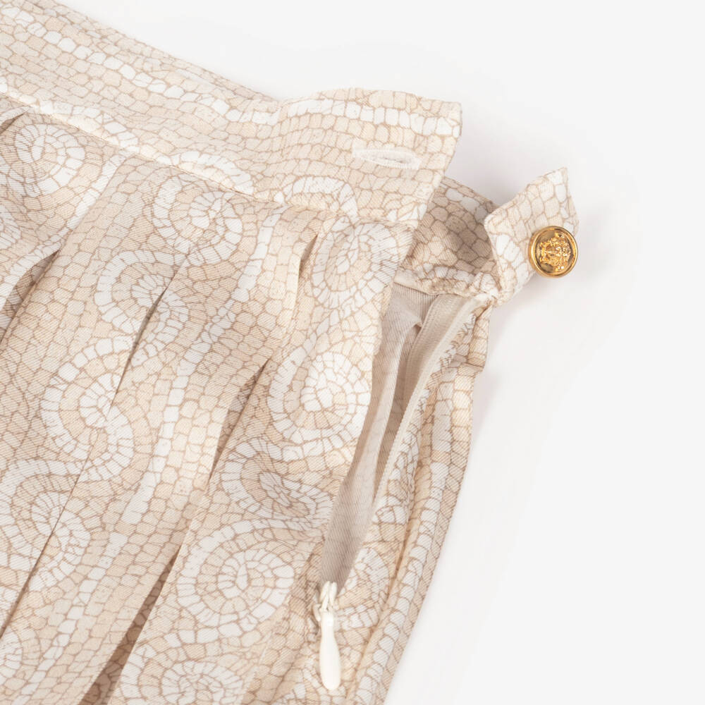 Versace-Girls Ivory & Beige Greca Mosaic Pleated Skirt | Childrensalon