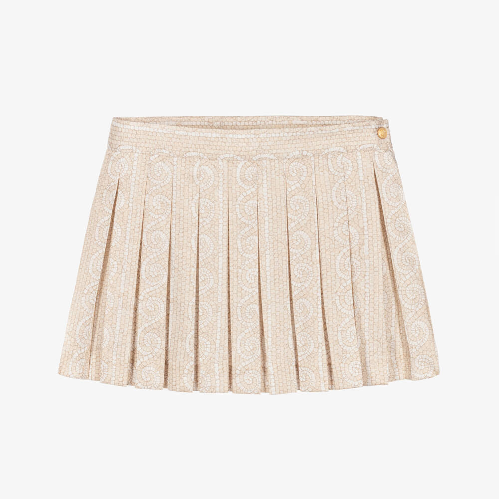 Versace-Girls Ivory & Beige Greca Mosaic Pleated Skirt | Childrensalon