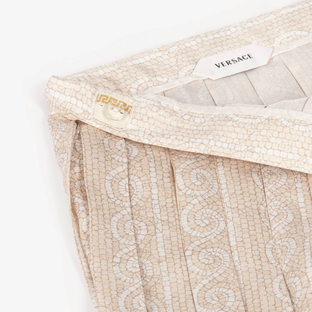 Versace-Girls Ivory & Beige Greca Mosaic Pleated Skirt | Childrensalon