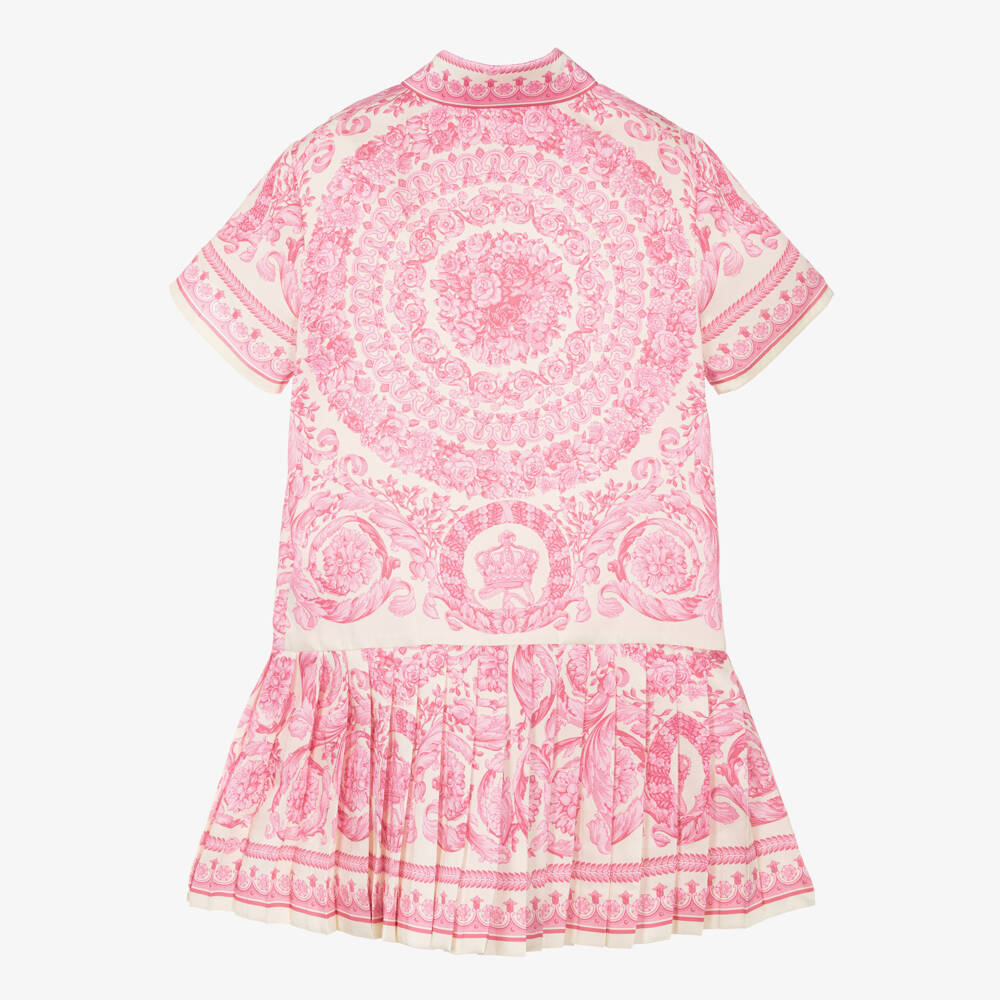 Versace-Girls Ivory & Bright Pink Barocco Pleated Dress | Childrensalon