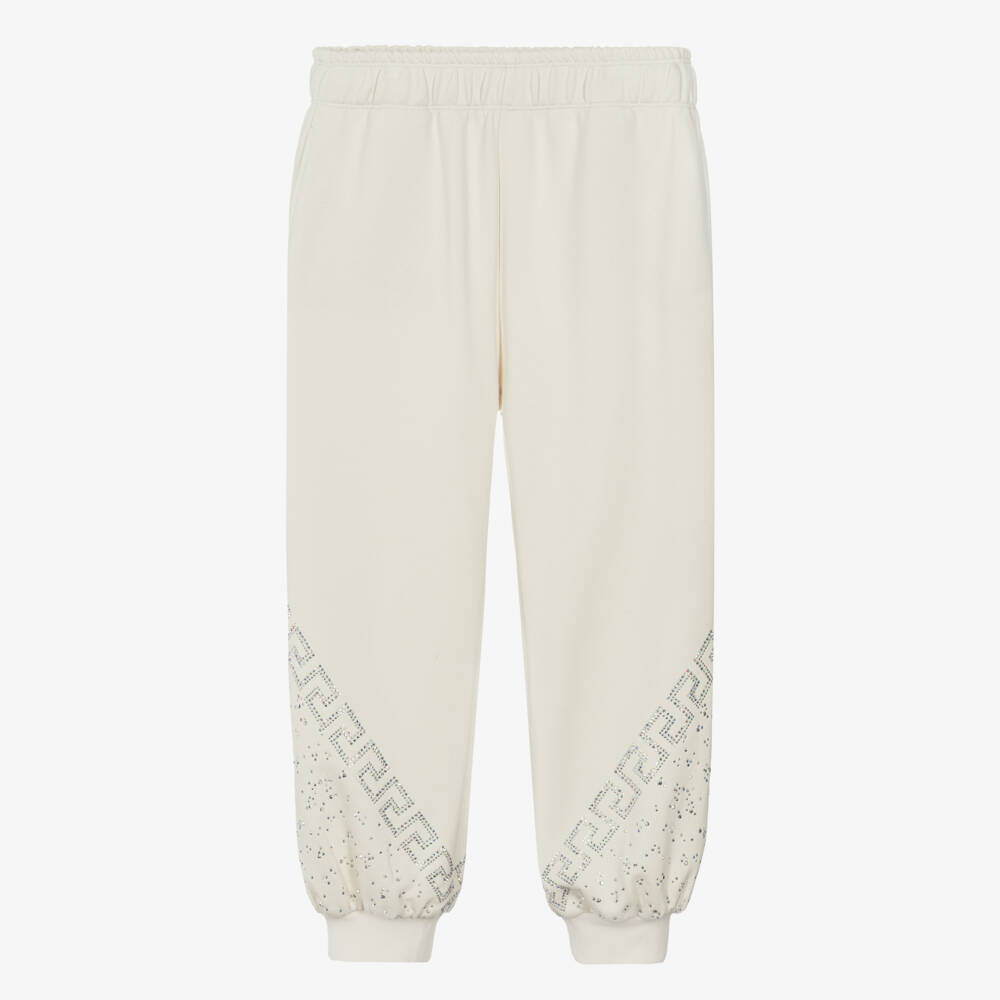 Versace-Girls Ivory & Diamanté Greca Cotton Joggers | Childrensalon