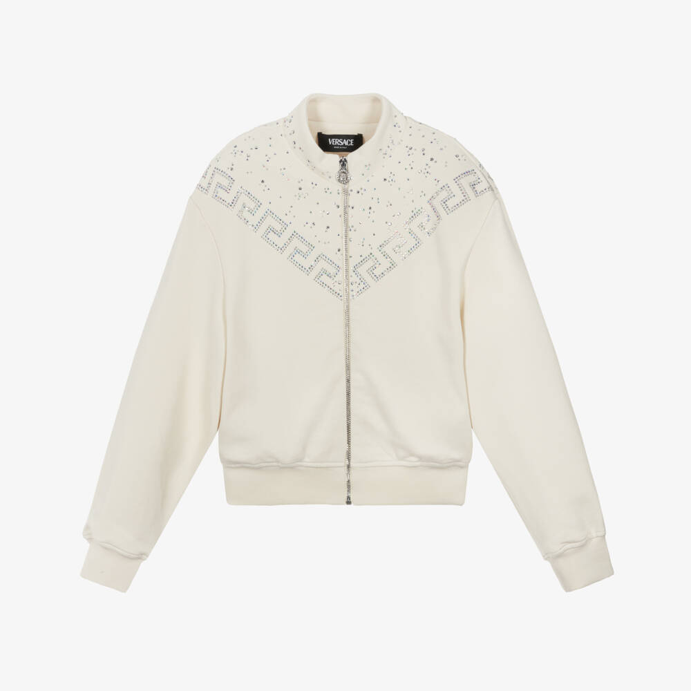 Versace-Girls Ivory & Diamanté Greca Cotton Zip-Up Top | Childrensalon
