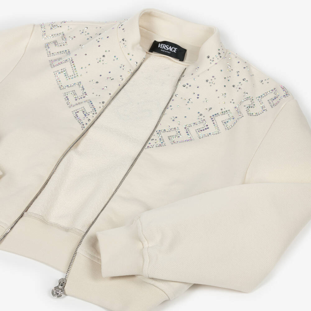 Versace-توب بسحاب قطن لون عاجي للبنات | Childrensalon