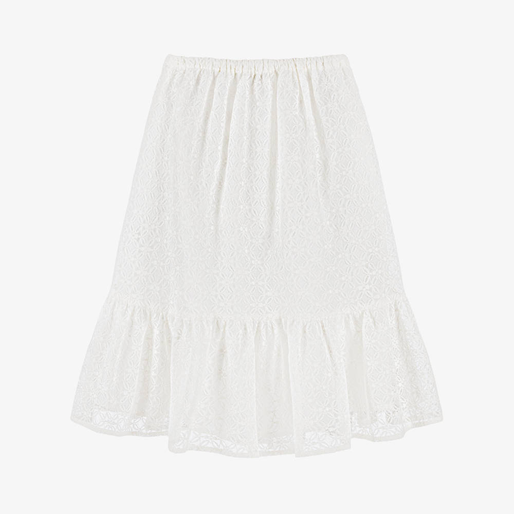 Versace-Girls Ivory Floral Lace Midi Skirt | Childrensalon