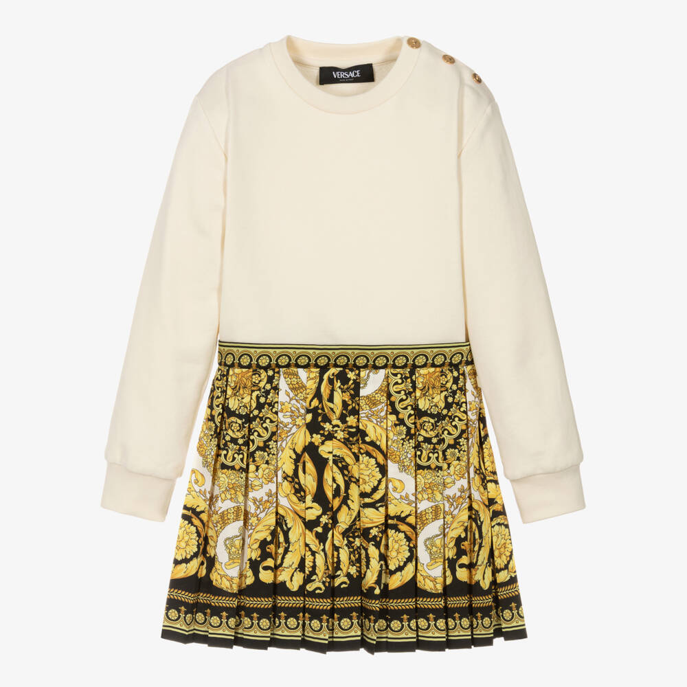 Versace-Girls Ivory Gold & Black Barocco Foulard Satin Dress | Childrensalon