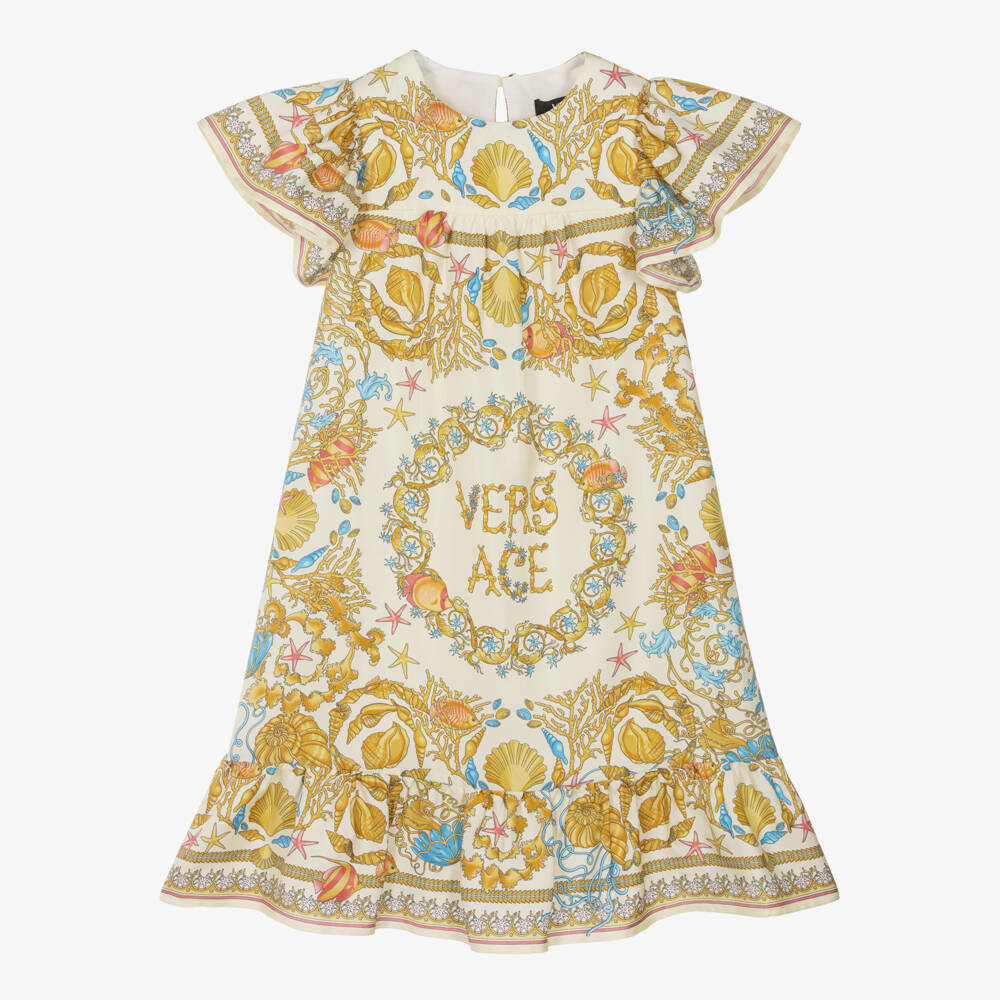 Versace-Girls Ivory & Gold Underwater Barocco Print Silk Dress | Childrensalon