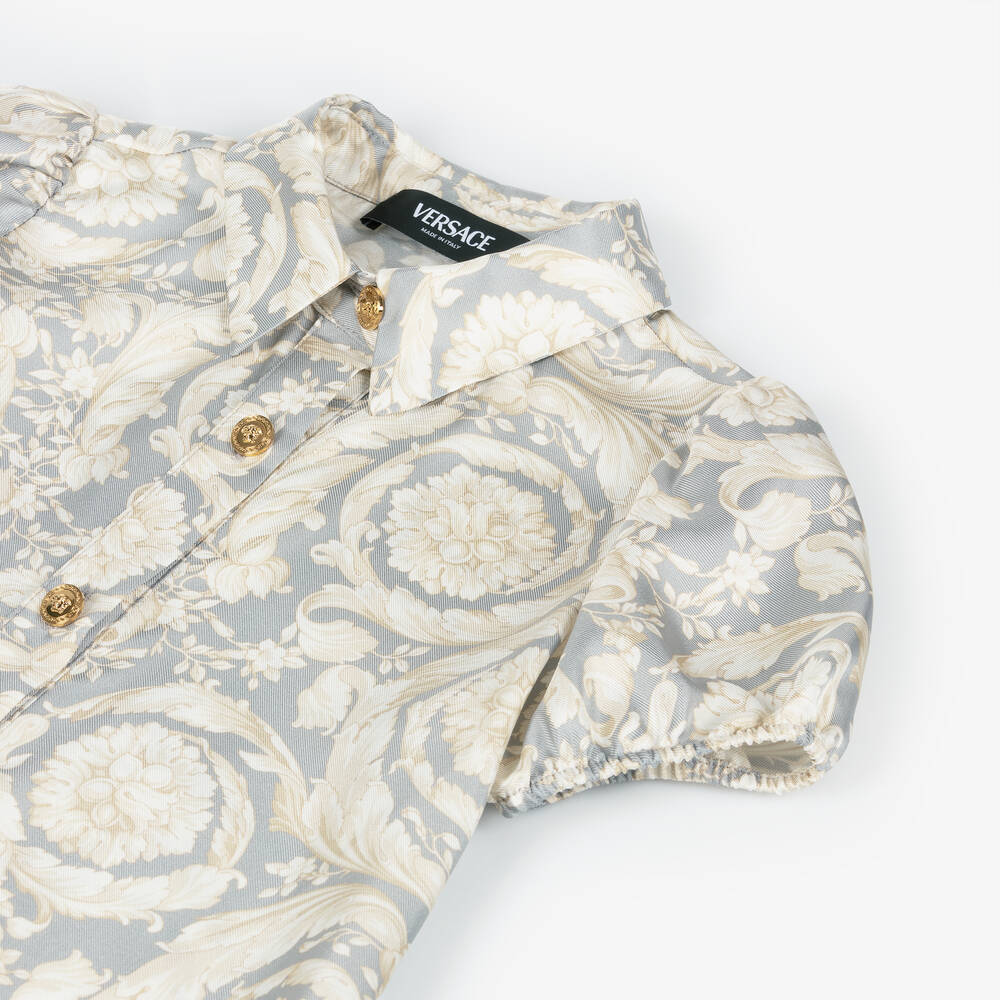 Versace-فستان حريربطبعة باروك لون عاجي ورمادي  | Childrensalon