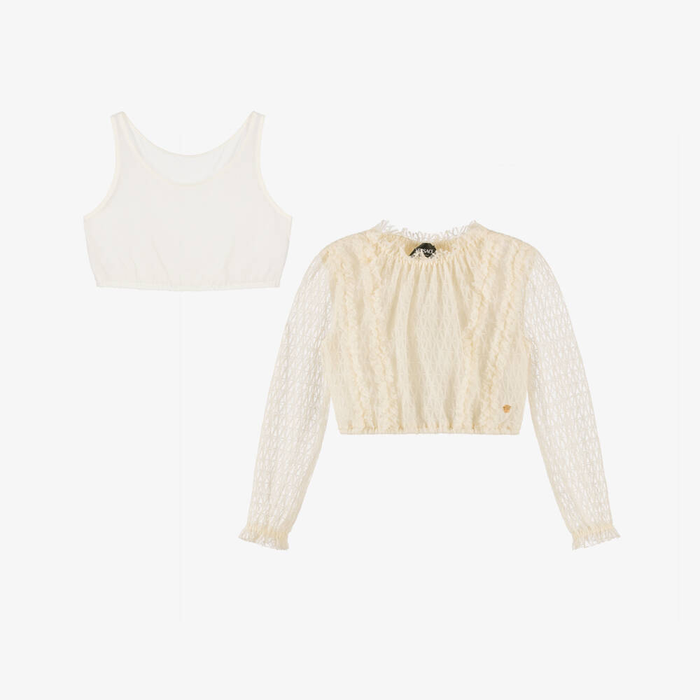 Versace-Блузка кремовая кружевная с оборками для девочек | Childrensalon