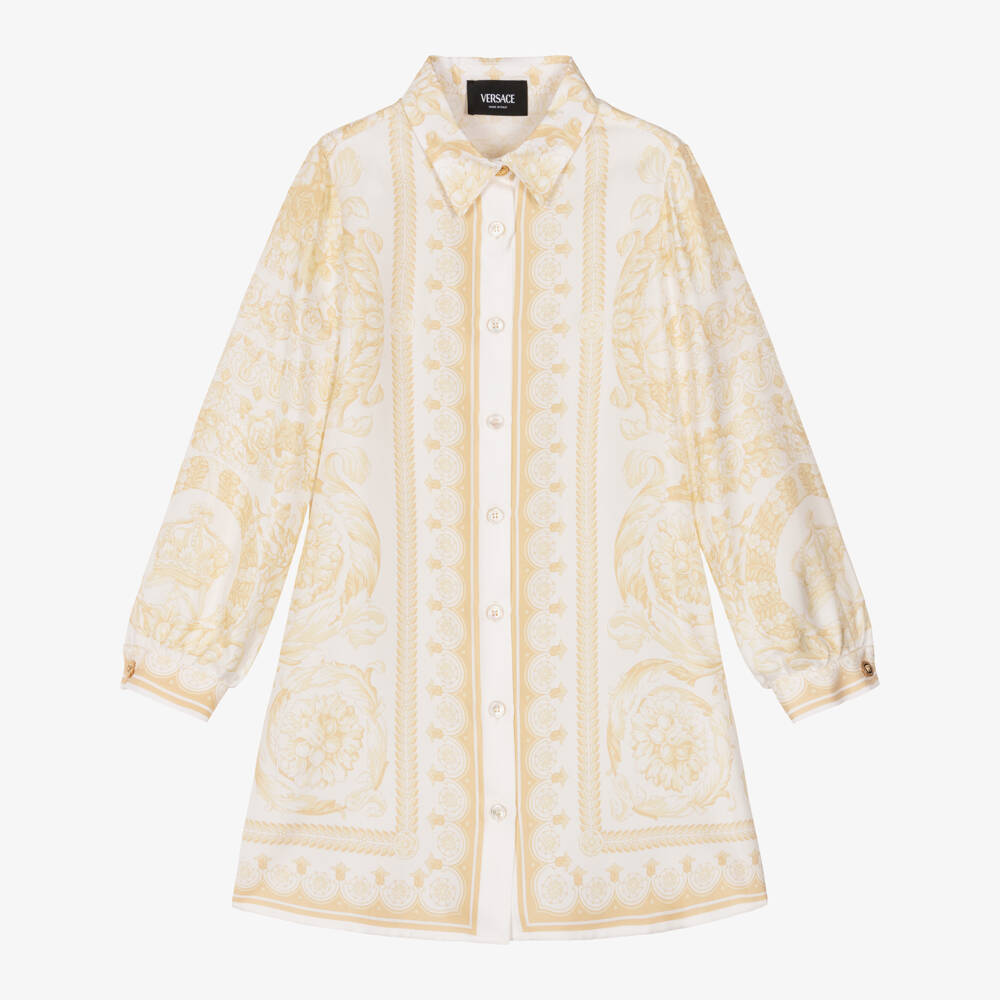 Versace-Girls Ivory & Pale Gold Barocco Silk Dress | Childrensalon