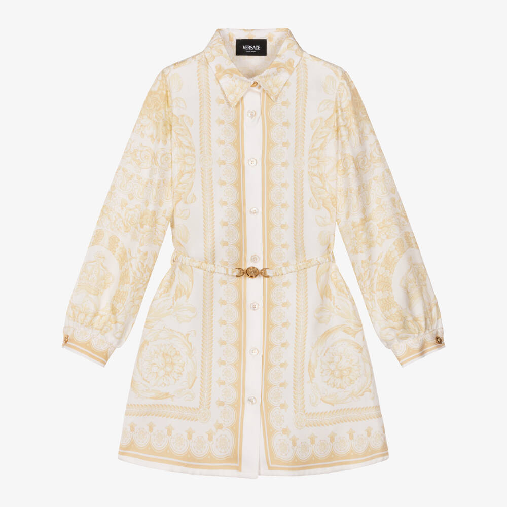 Versace-Girls Ivory & Pale Gold Barocco Silk Dress | Childrensalon