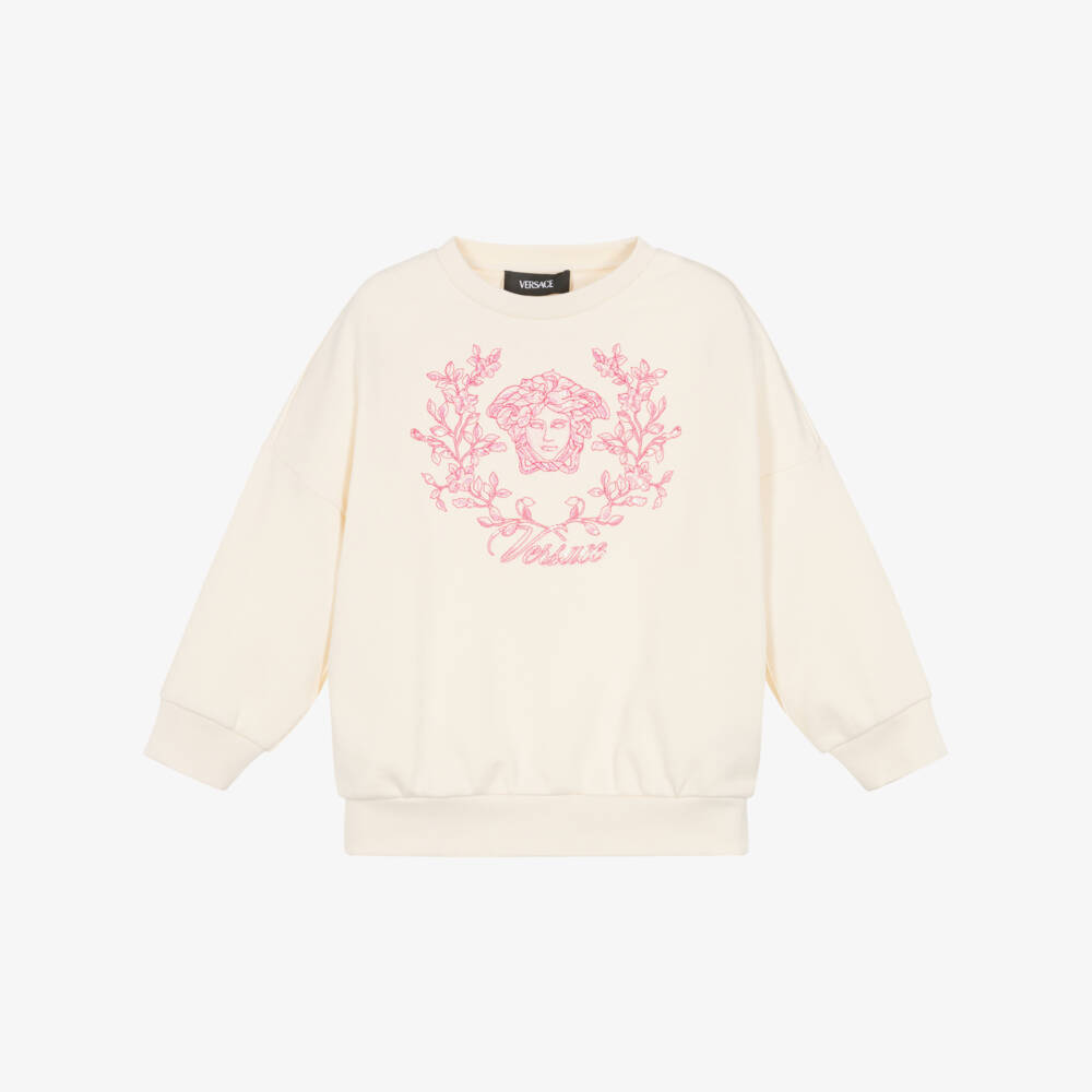 Versace-Girls Ivory Sweatshirt with Pink Medusa Logo | Childrensalon