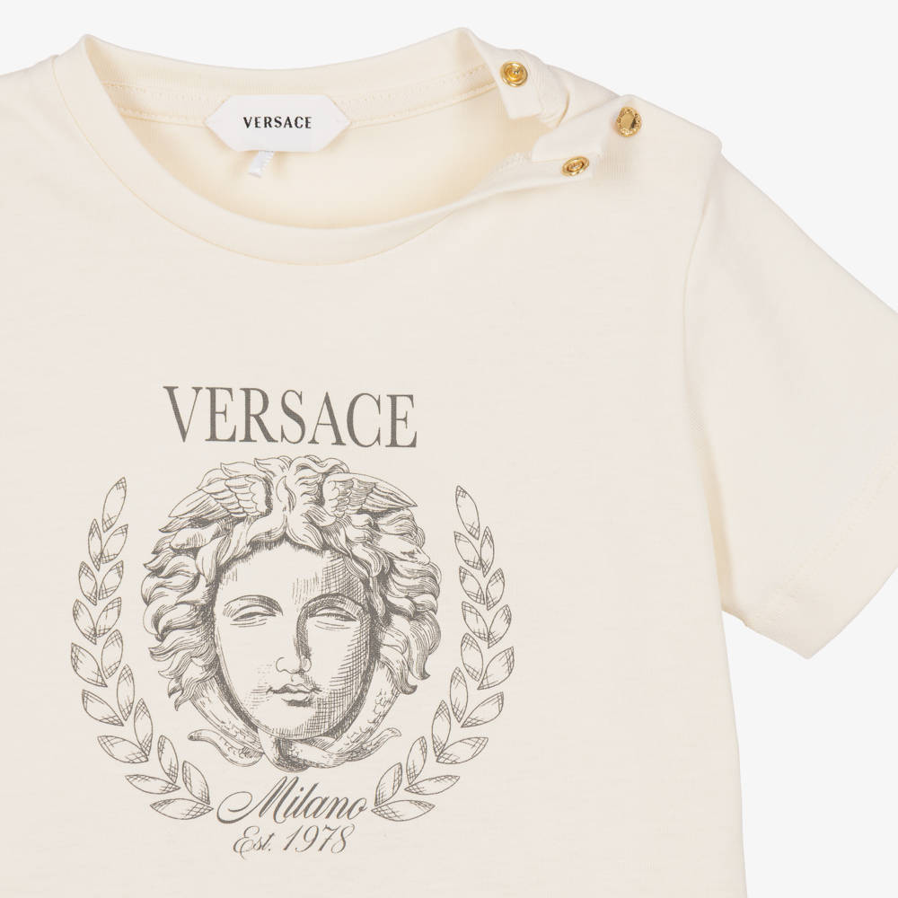 Versace-Girls Ivory T-Shirt with Medusa Sketch Logo | Childrensalon