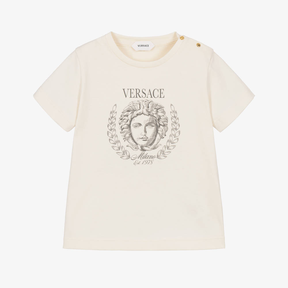 Versace-Girls Ivory T-Shirt with Medusa Sketch Logo | Childrensalon