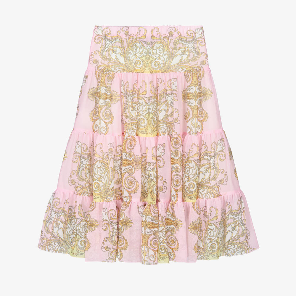 Versace-تنورة شيفون بطبعة باروكو لون زهري وذهبي للبنات | Childrensalon