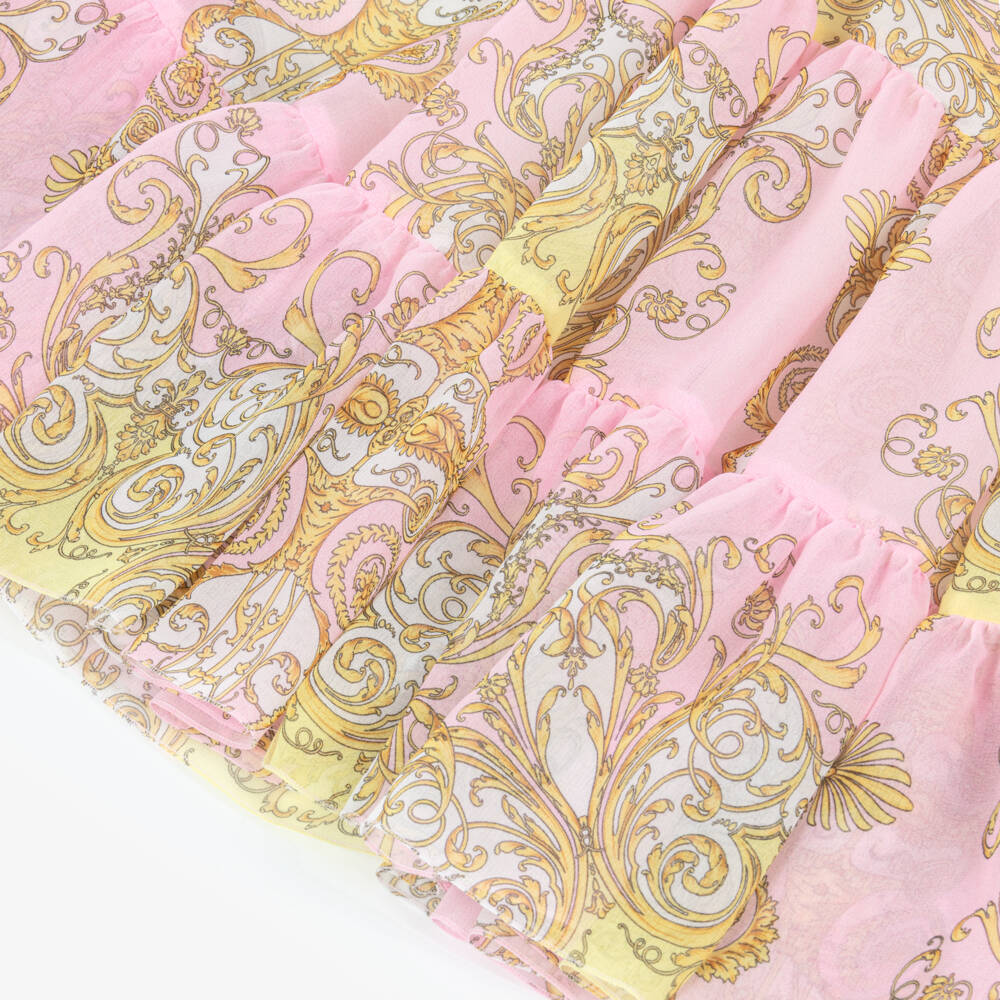 Versace-تنورة شيفون بطبعة باروكو لون زهري وذهبي للبنات | Childrensalon