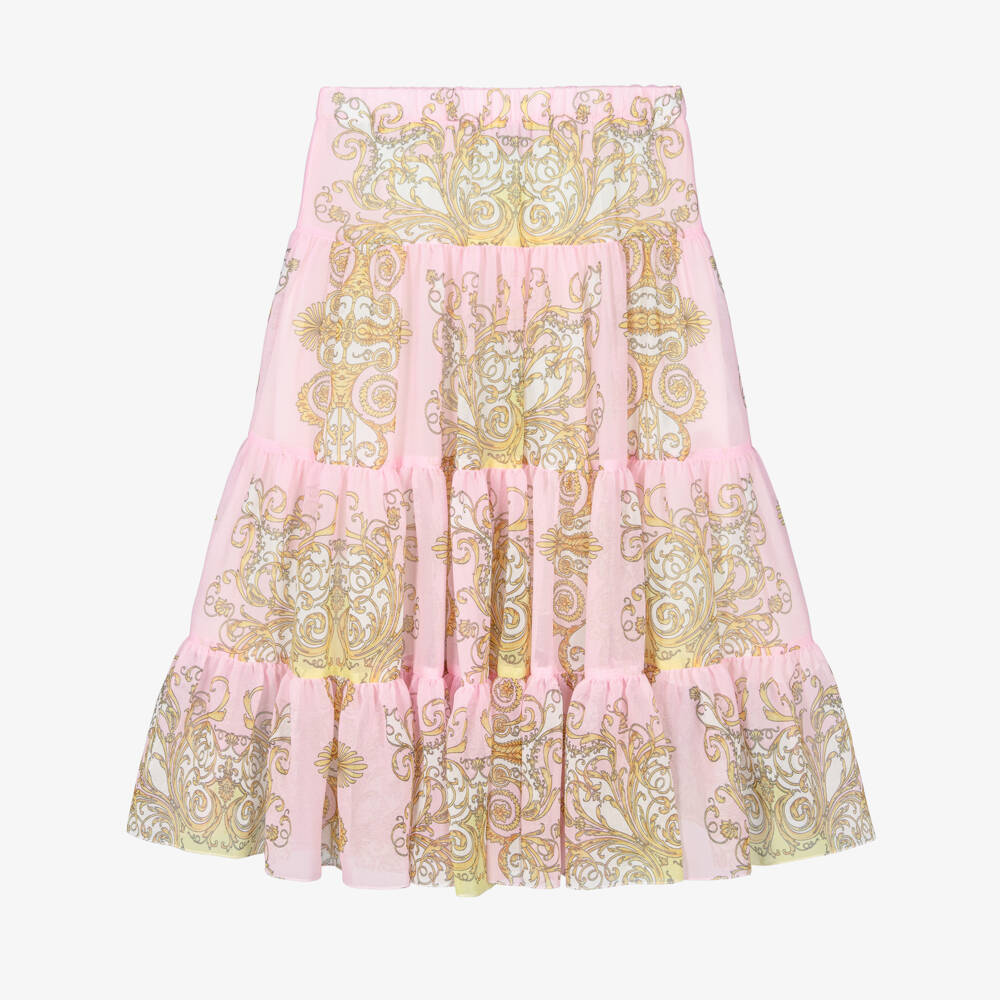 Versace-Girls Long Pink Chiffon Skirt with Gold Barocco Print | Childrensalon