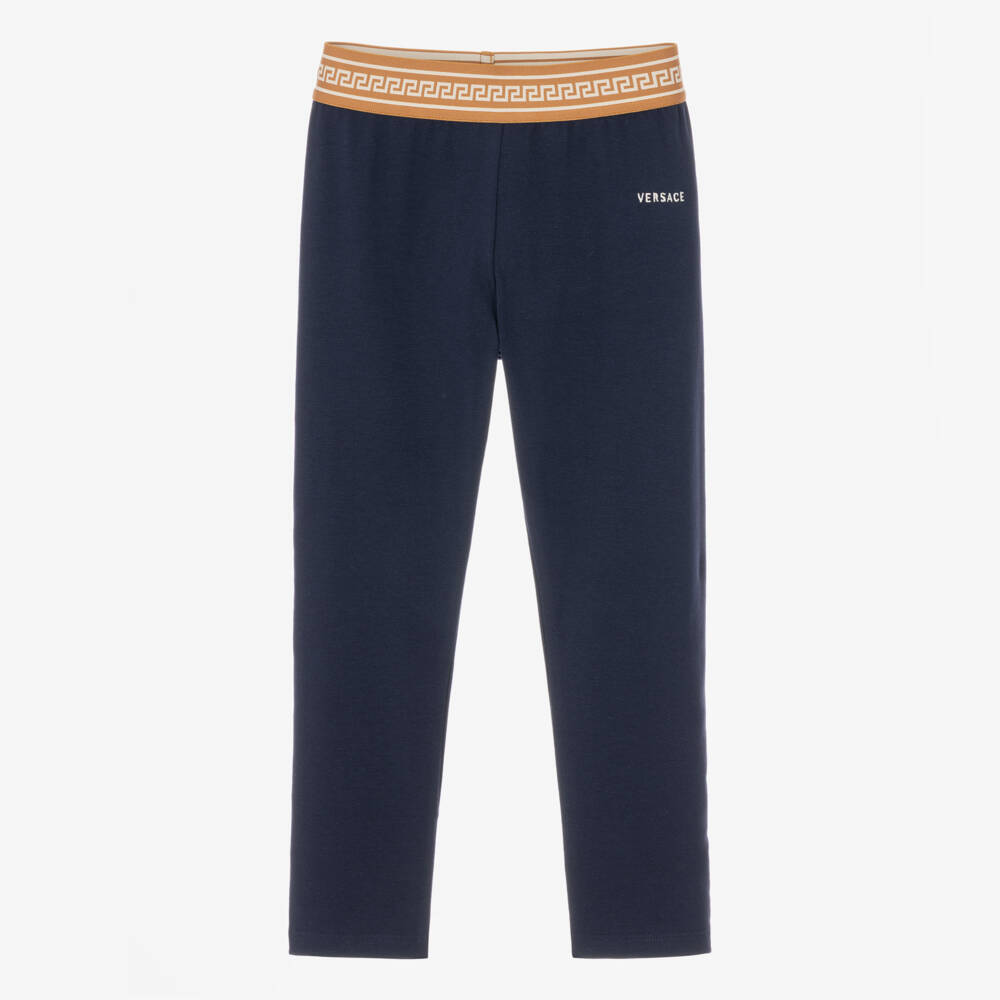 Versace-Girls Navy Blue Cotton Jersey Leggings with Greca Trim | Childrensalon