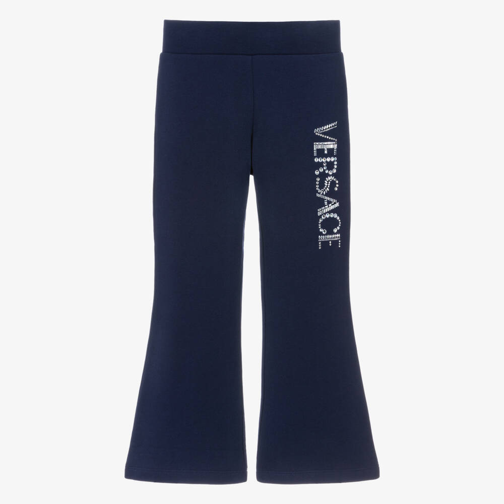 Versace-Girls Navy Blue Embellished Logo Jersey Trousers | Childrensalon