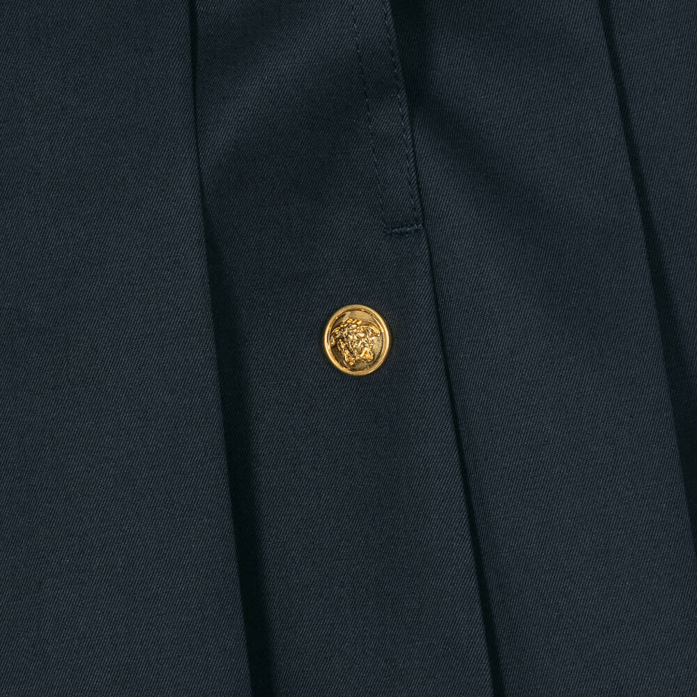 Versace-Girls Navy Blue Pleated Cotton Gabardine Skirt | Childrensalon