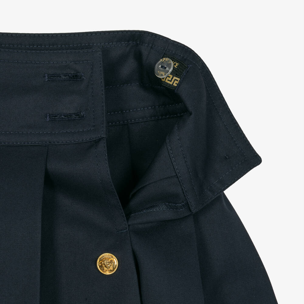 Versace-Girls Navy Blue Pleated Cotton Gabardine Skirt | Childrensalon