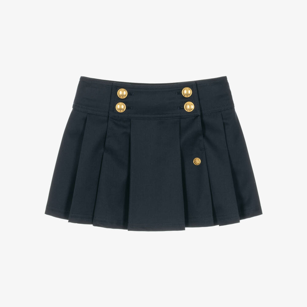 Versace-Girls Navy Blue Pleated Cotton Gabardine Skirt | Childrensalon
