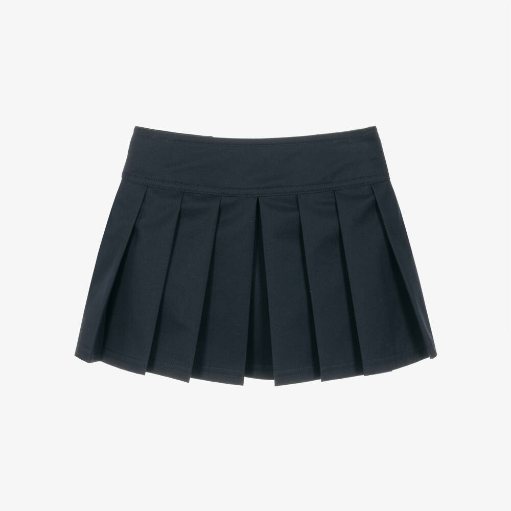 Versace-Girls Navy Blue Pleated Cotton Gabardine Skirt | Childrensalon