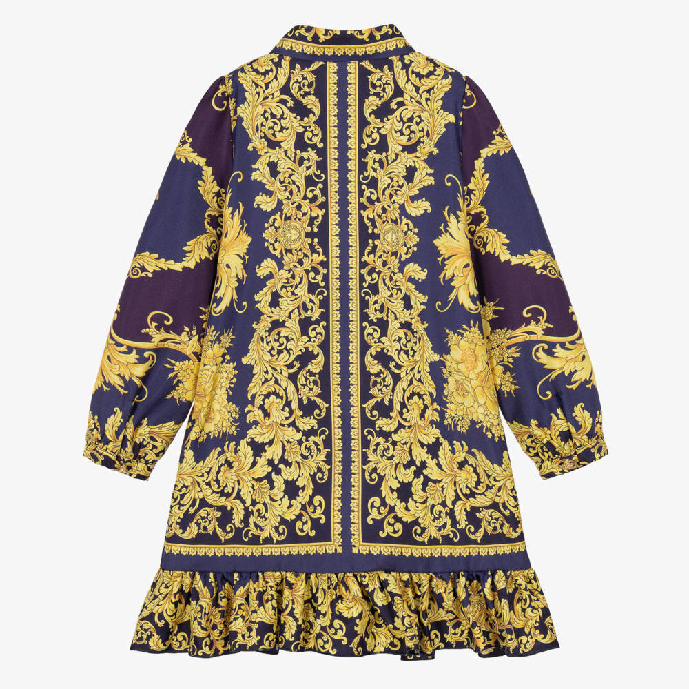 Versace-Girls Navy & Gold Barocco Silk Dress | Childrensalon