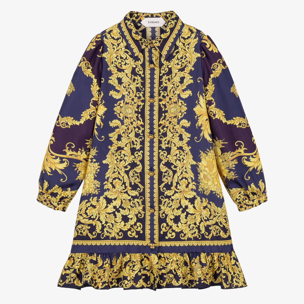 Versace-Girls Navy & Gold Barocco Silk Dress | Childrensalon