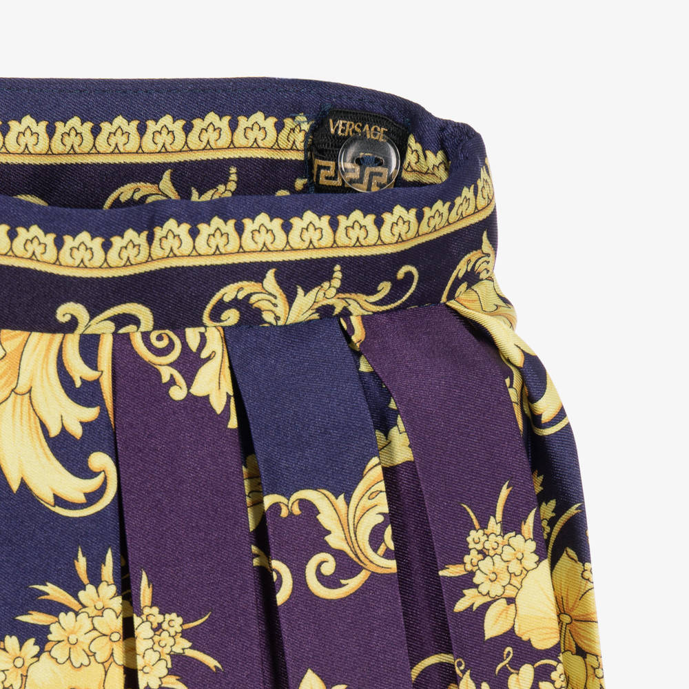 Versace-Girls Navy & Gold Barocco Silk Skirt | Childrensalon