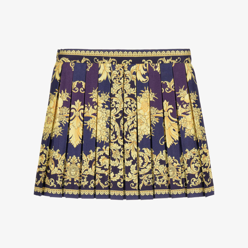 Versace-Girls Navy & Gold Barocco Silk Skirt | Childrensalon
